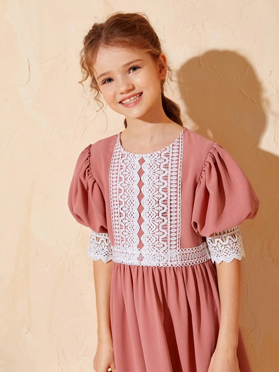 CM-KDS514785 Girls Trendy Bohemian Style Puff Sleeve Guipure Lace Panel Dress - Pink