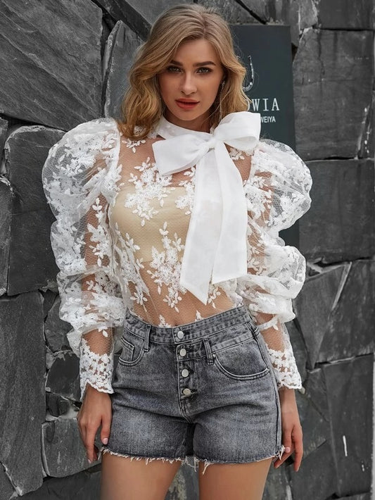 CM-TS429077 Women Casual Seoul Style Tie Neck Long Sleeve Embroidered Mesh Top - White