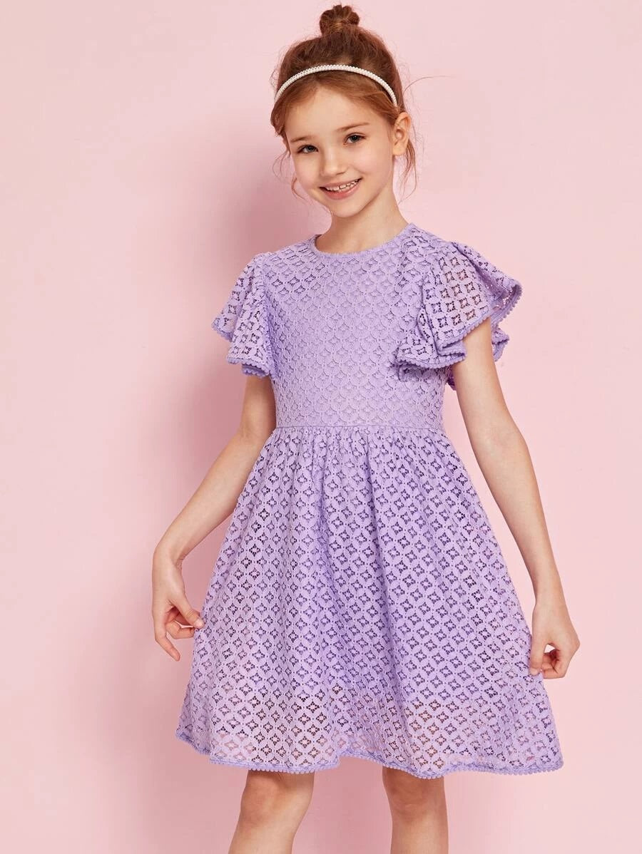 CM-KDS514490 Girls Elegant Round Neck Butterfly Sleeve Lace A-Line Dress - Purple