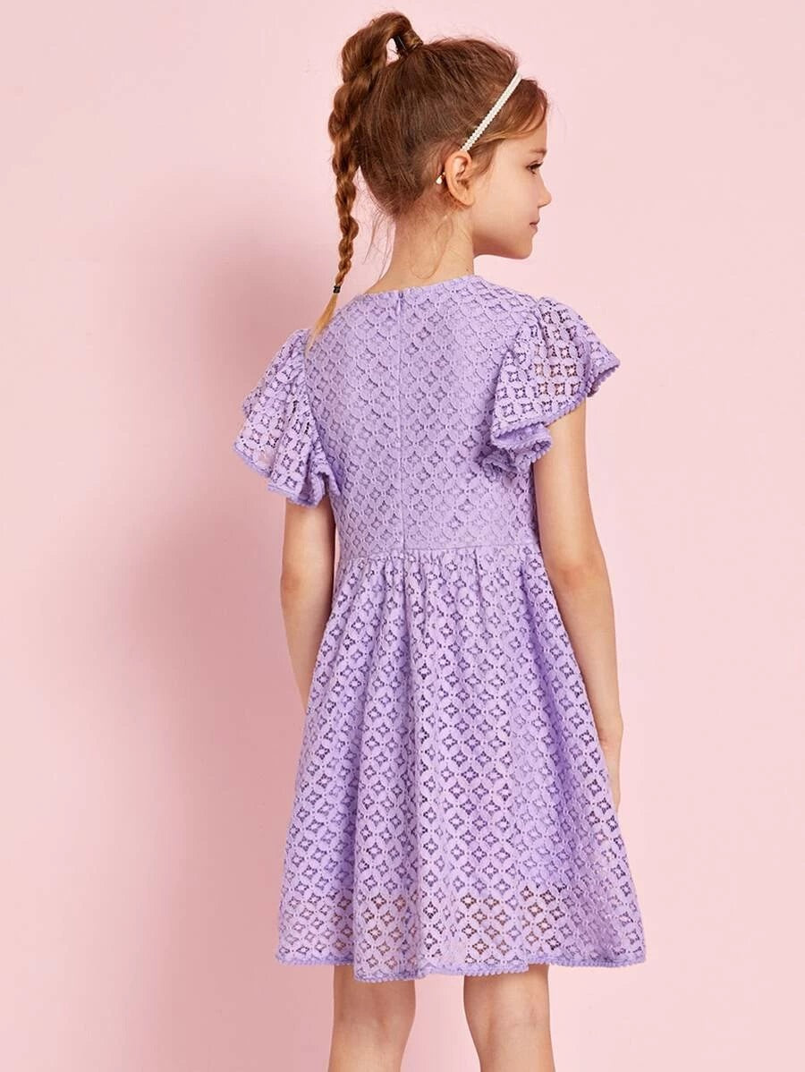 CM-KDS514490 Girls Elegant Round Neck Butterfly Sleeve Lace A-Line Dress - Purple