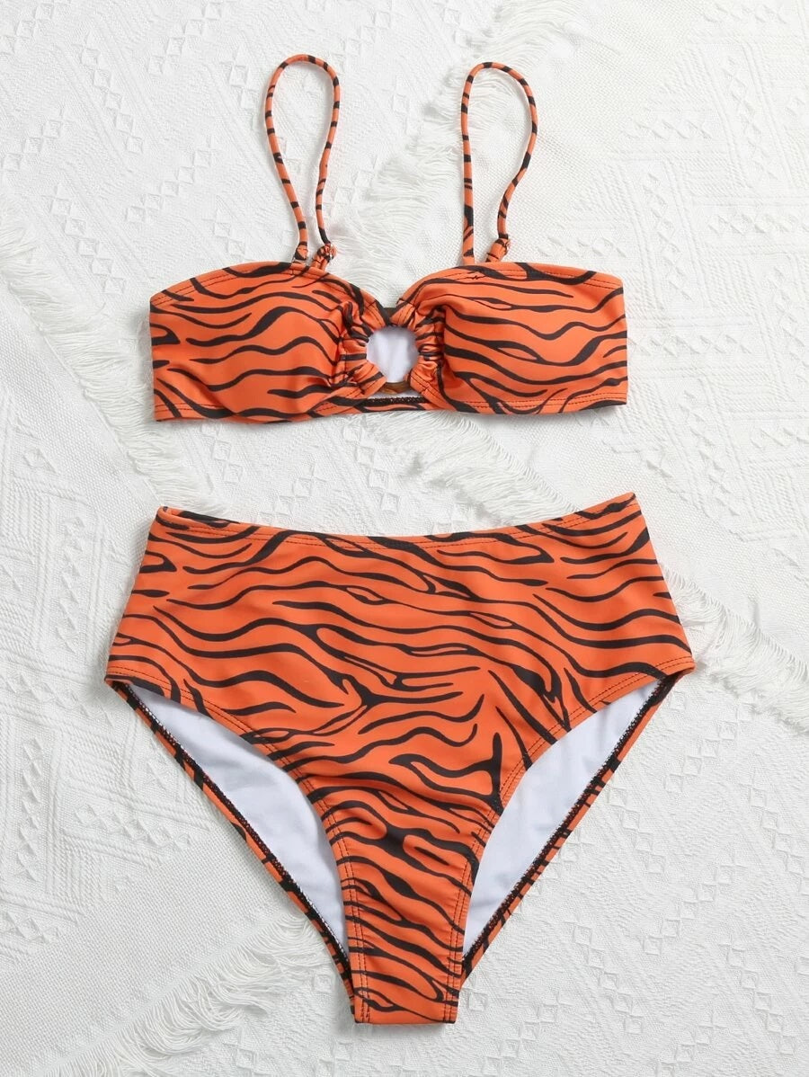 CM-SWS520531 Women Trendy Seoul Style Zebra Stripe Ring Linked Bikini Swimsuit - Orange
