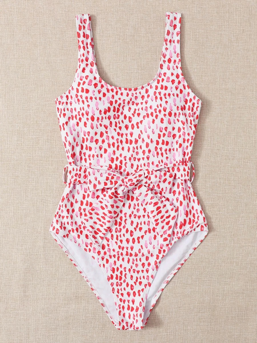 CM-SWS520016 Women Trendy Seoul Style Allover Graphic Belted One Piece Swimsuit - Red