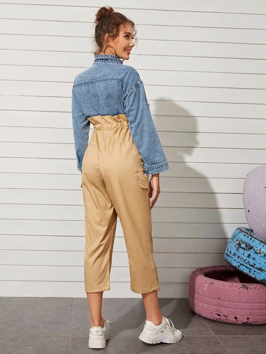 CM-JS521494 Women Casual Seoul Style Stand Collar 3/4 Sleeve Two Tone Drawstring Waist Jumpsuit