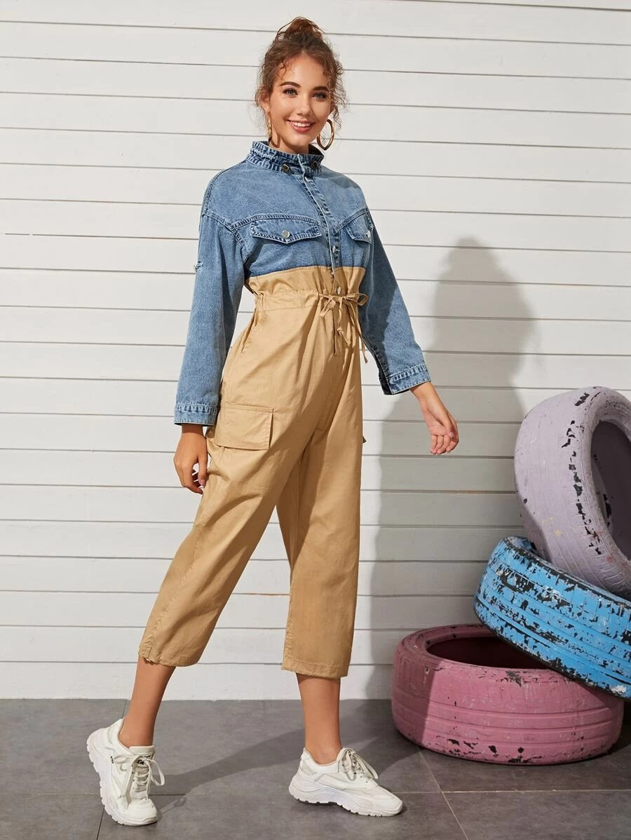 CM-JS521494 Women Casual Seoul Style Stand Collar 3/4 Sleeve Two Tone Drawstring Waist Jumpsuit