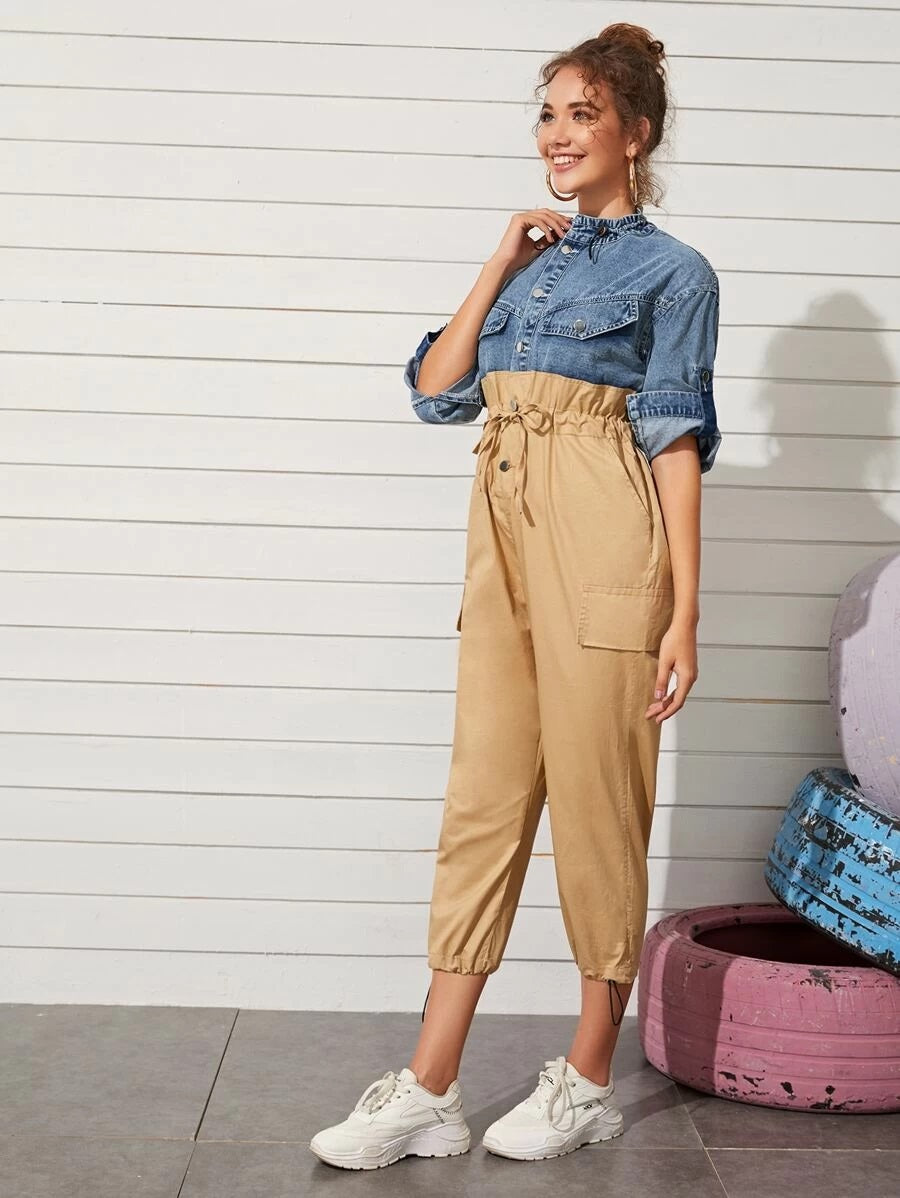 CM-JS521494 Women Casual Seoul Style Stand Collar 3/4 Sleeve Two Tone Drawstring Waist Jumpsuit
