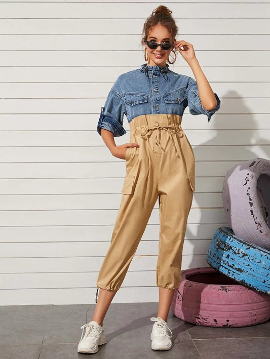 CM-JS521494 Women Casual Seoul Style Stand Collar 3/4 Sleeve Two Tone Drawstring Waist Jumpsuit