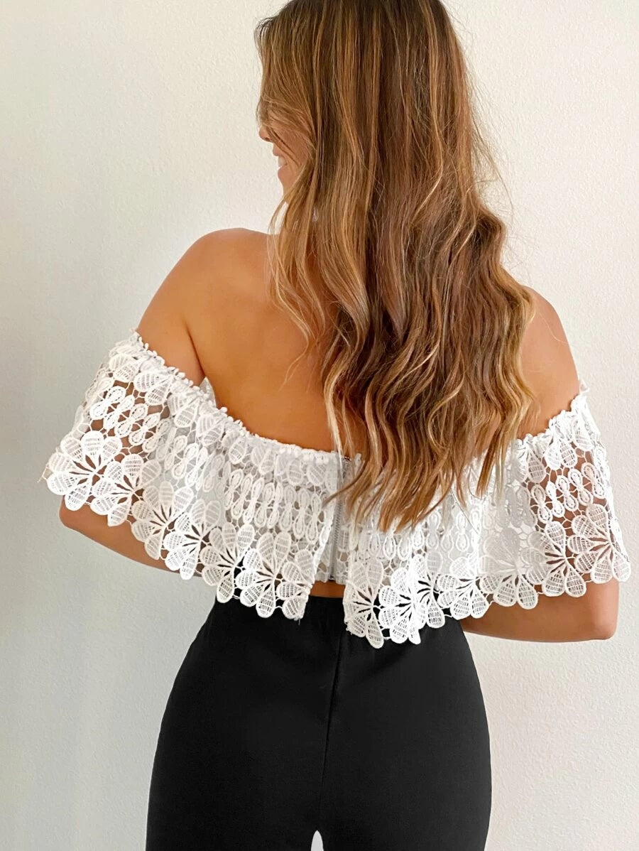 CM-TS427850 Women Casual Seoul Style Off Shoulder Exposed Zipper Back Guipure Lace Overlay Top