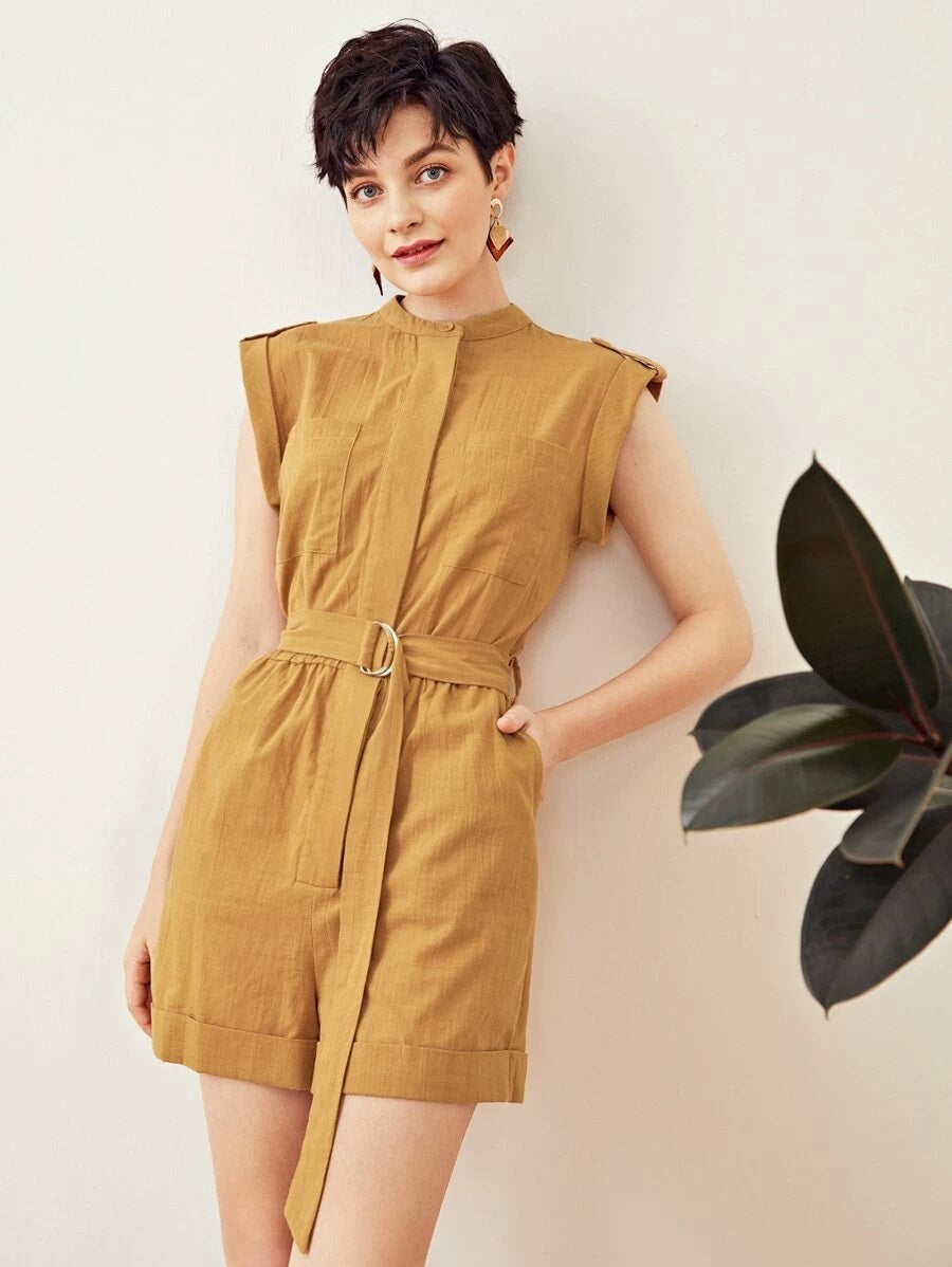 CM-JS506889 Women Trendy Bohemian Style Roll Tab Sleeve D-Ring Belted Cuffed Romper - Camel