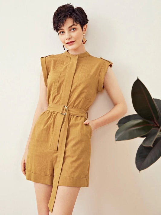 CM-JS506889 Women Trendy Bohemian Style Roll Tab Sleeve D-Ring Belted Cuffed Romper - Camel