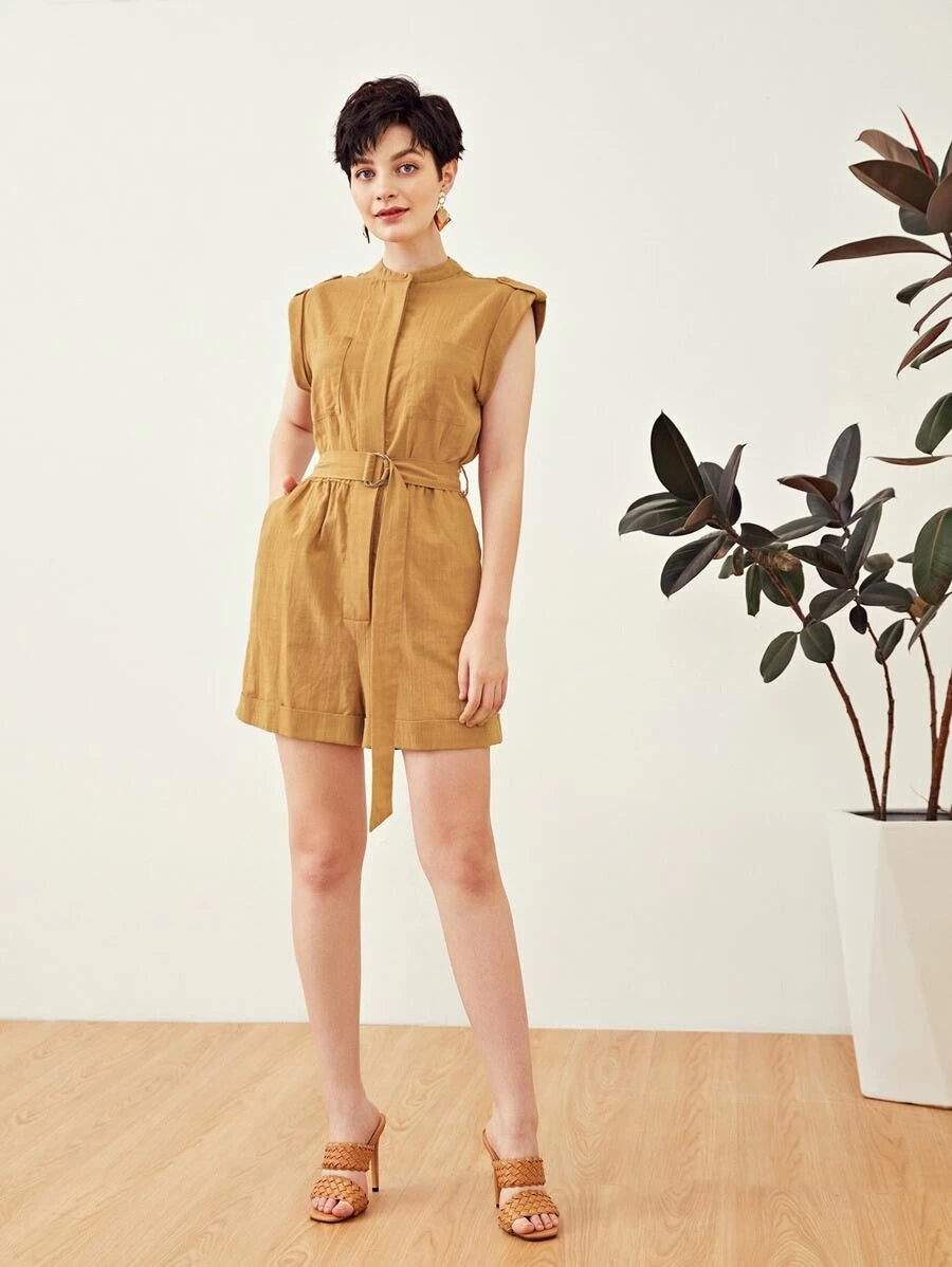 CM-JS506889 Women Trendy Bohemian Style Roll Tab Sleeve D-Ring Belted Cuffed Romper - Camel