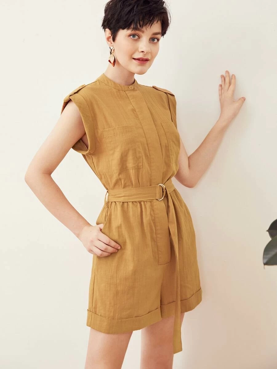 CM-JS506889 Women Trendy Bohemian Style Roll Tab Sleeve D-Ring Belted Cuffed Romper - Camel