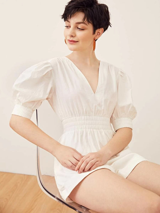 CM-JS430101 Women Casual Seoul Style V-Neck Puff Sleeve Split Back Shirred Waist Romper - White