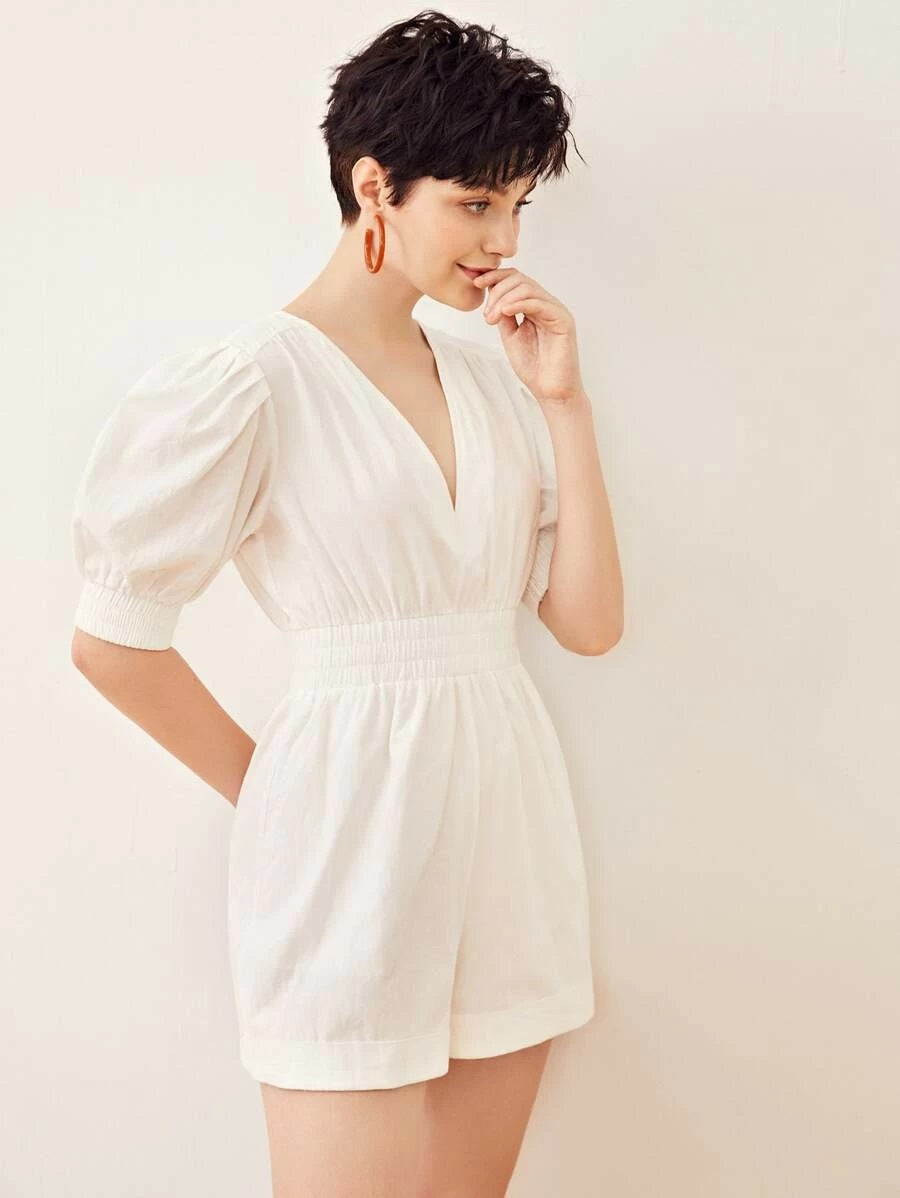 CM-JS430101 Women Casual Seoul Style V-Neck Puff Sleeve Split Back Shirred Waist Romper - White