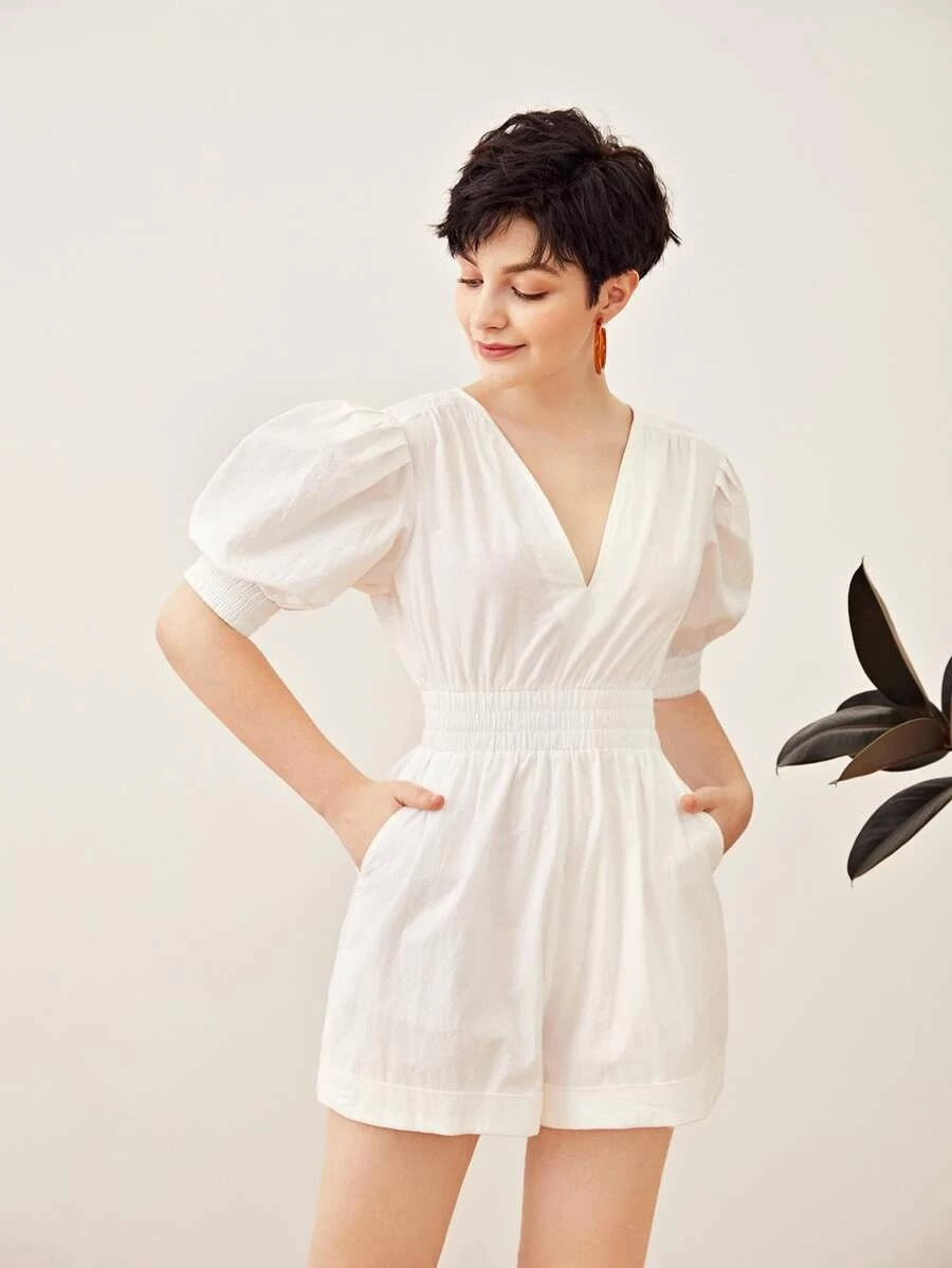 CM-JS430101 Women Casual Seoul Style V-Neck Puff Sleeve Split Back Shirred Waist Romper - White
