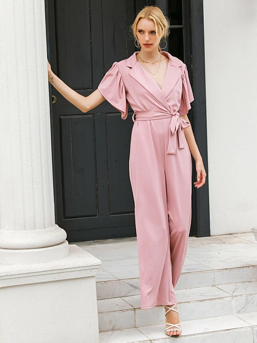 CM-JS515650 Women Casual Seoul Style Short Sleeve Solid Lapel Collar Belted Jumpsuit - Pink