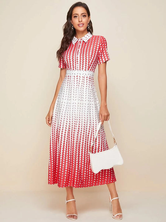 CM-DS518096 Women Elegant Seoul Style Geometric Print Longline Short Sleeve Shirt Dress