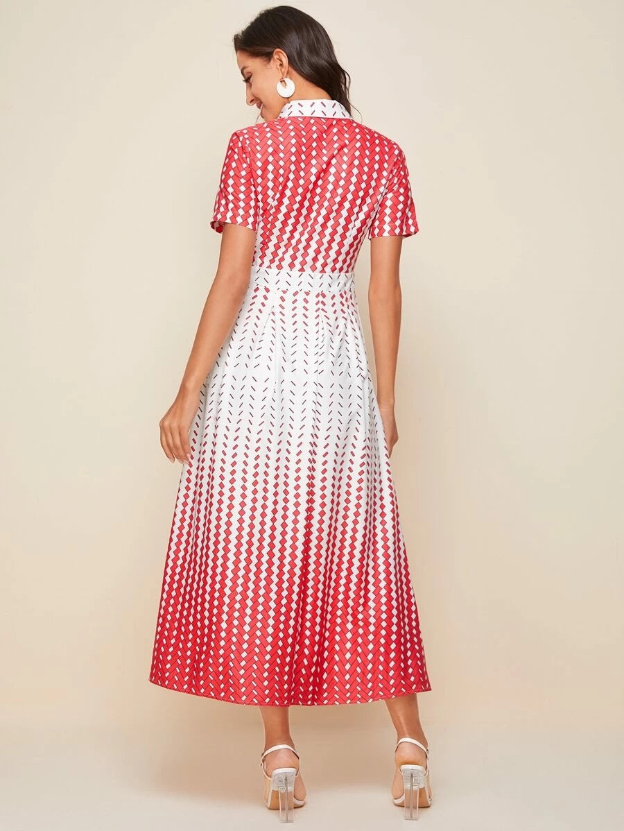 CM-DS518096 Women Elegant Seoul Style Geometric Print Longline Short Sleeve Shirt Dress