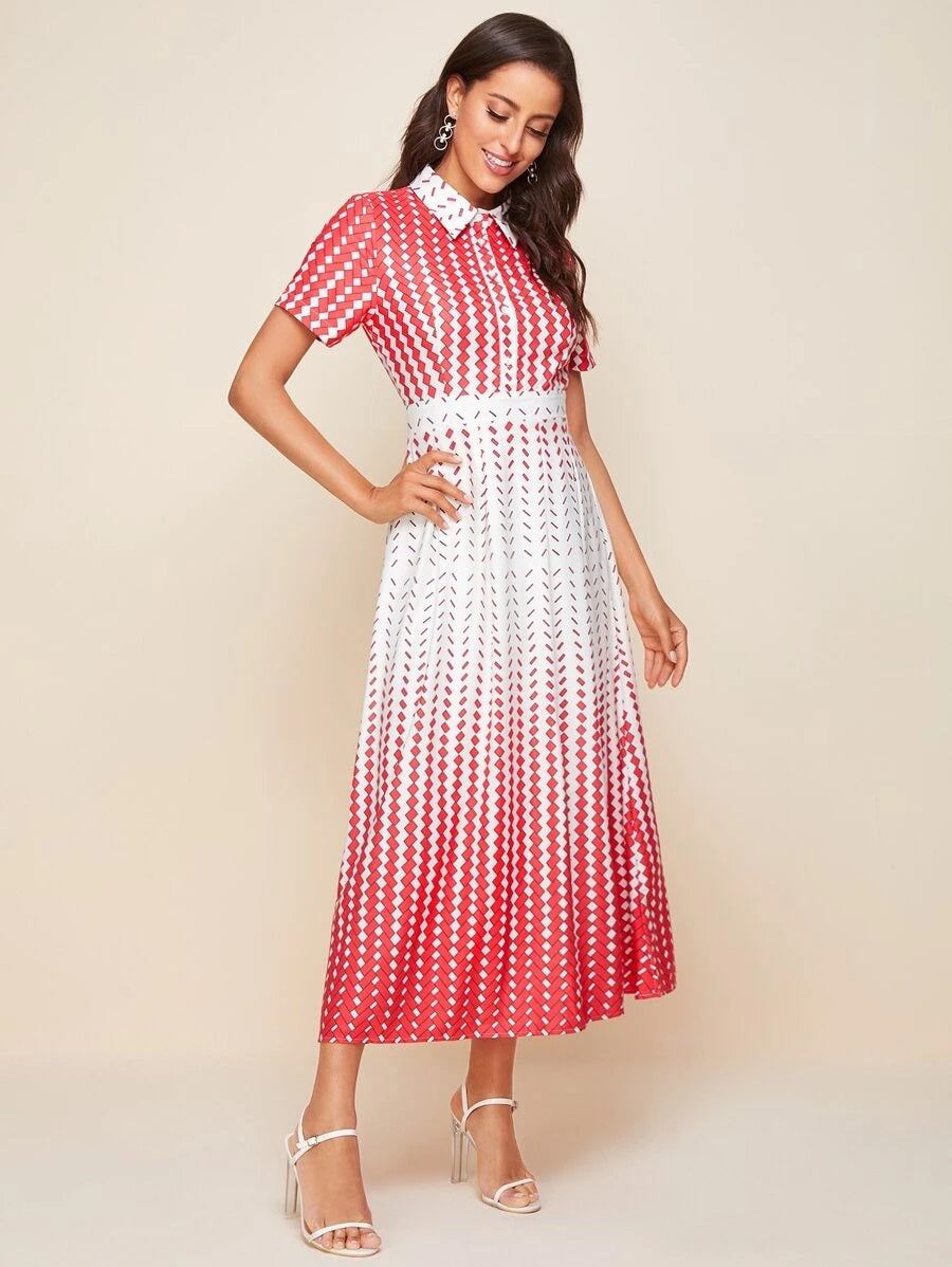 CM-DS518096 Women Elegant Seoul Style Geometric Print Longline Short Sleeve Shirt Dress
