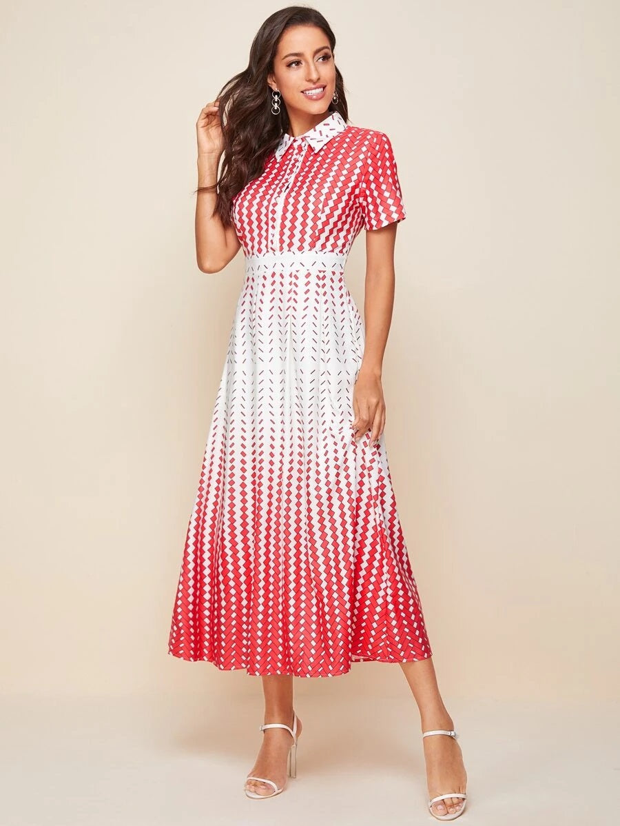CM-DS518096 Women Elegant Seoul Style Geometric Print Longline Short Sleeve Shirt Dress