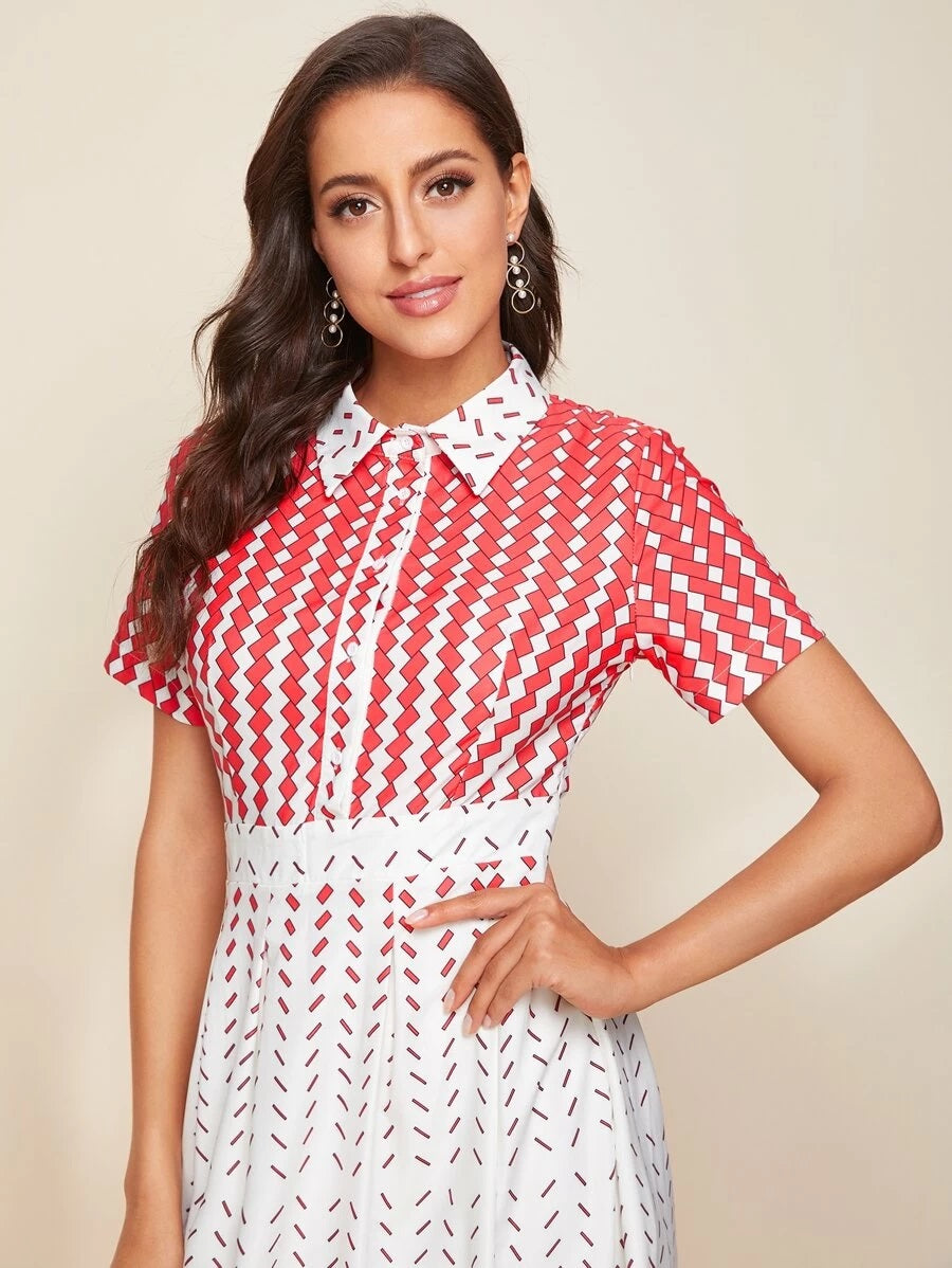 CM-DS518096 Women Elegant Seoul Style Geometric Print Longline Short Sleeve Shirt Dress