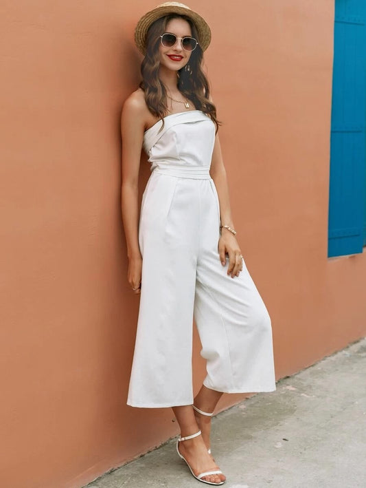 CM-JS522946 Women Elegant Seoul Style Strapless Zip Back Foldover Wide Leg Tube Jumpsuit - White