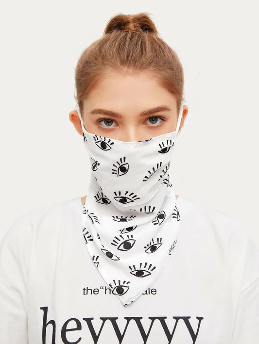 CM-FS511914 Women Eye Pattern Silk Scarf Mask - White