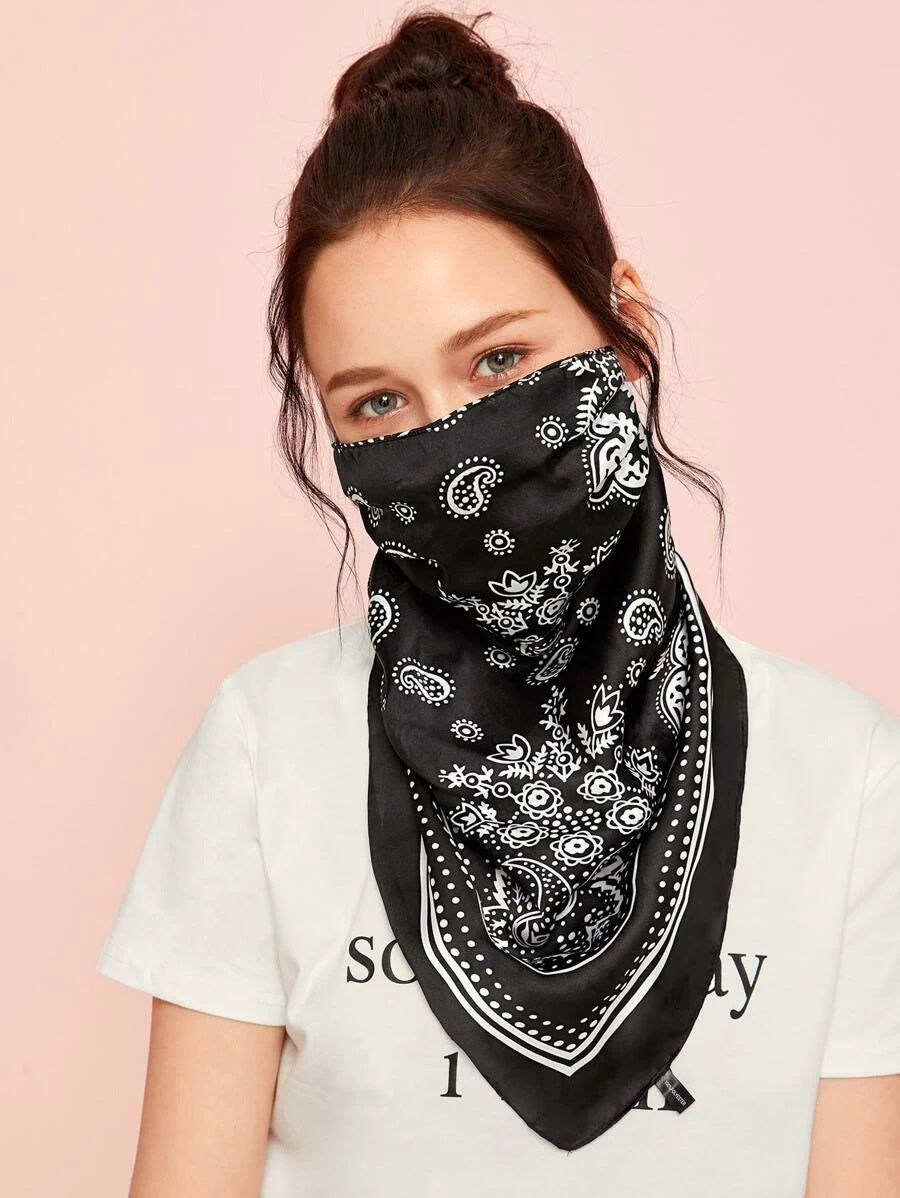 CM-FS507007 Women Paisley Pattern Silk Scarf Mask - Black