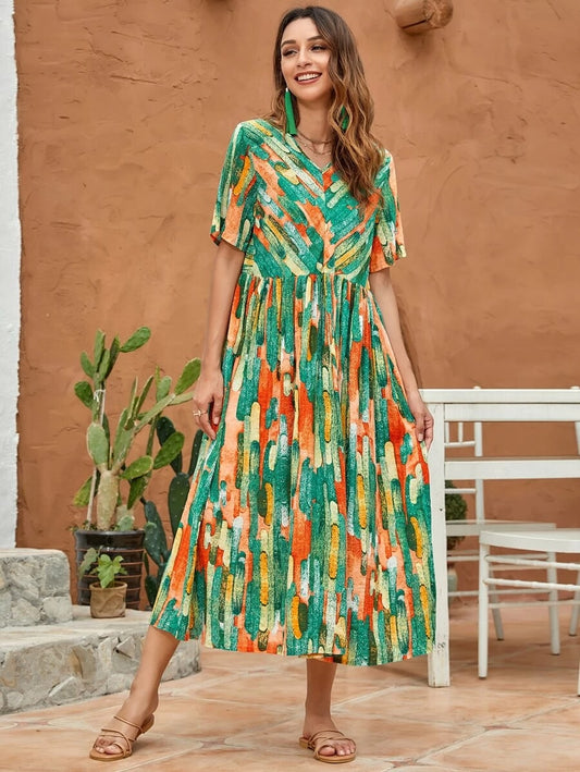 CM-DS427884 Women Trendy Bohemian Style V-Neck Short Sleeve All Over Print Babydoll Dress
