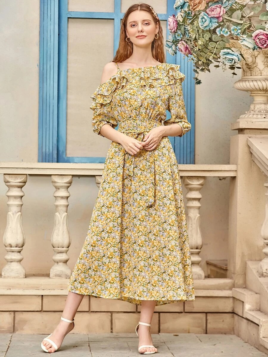 CM-DS513754 Women Trendy Bohemian Style Floral Symmetrical Neck Ruffle Trim Belted Dress