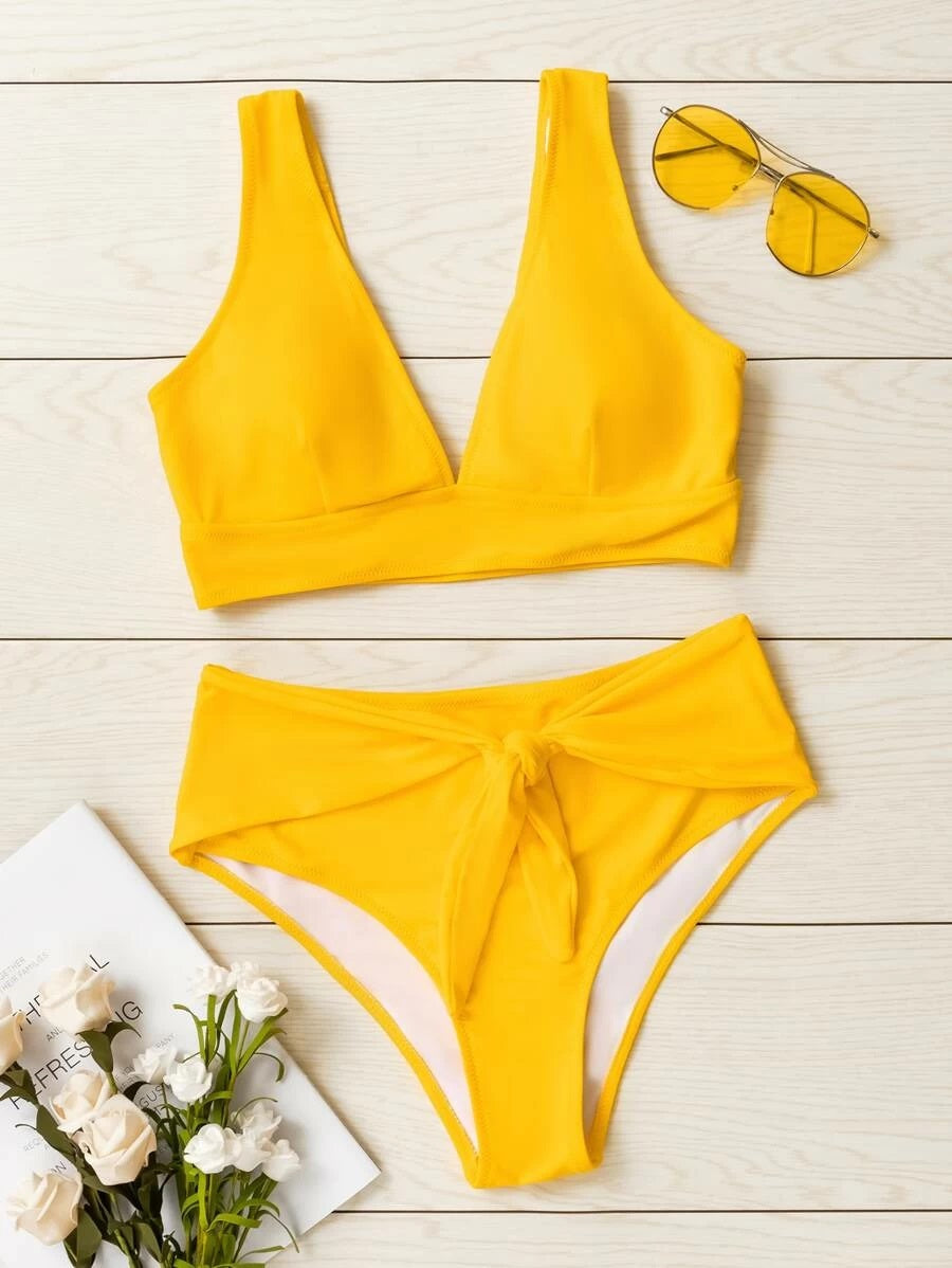 CM-SWS525197 Women Trendy Seoul Style Knot Front High Waisted Bikini Swimsuit - Yellow