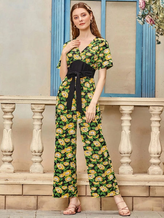 CM-JS514742 Women Casual Seoul Style V-Neck Short Sleeve Tie Front Allover Floral Wide Leg Jumpsuit