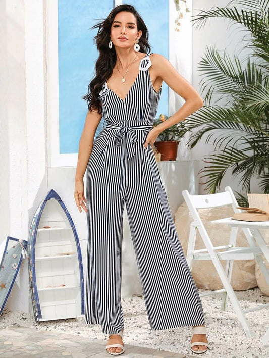CM-JS513938 Women Casual Seoul Style Sleeveless Buckle Strap Belted Striped Jumpsuit