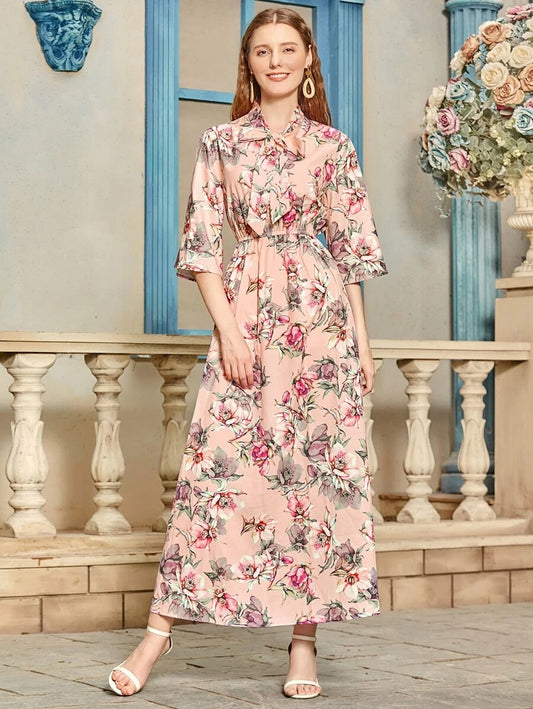 CM-DS519105 Women Casual Seoul Style Tie Neck Bell Sleeve Floral Print A-Line Maxi Dress - Pink