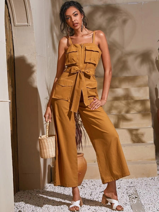 CM-JS518927 Women Casual Seoul Style Sleeveless Flap Pocket Self Tie Cami Jumpsuit - Ginger