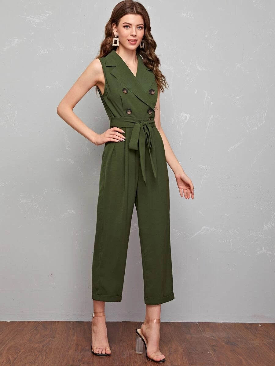 CM-JS421730 Women Casual Seoul Style Notch Collar Double Button Self Belted Shirt Jumpsuit - Army Green