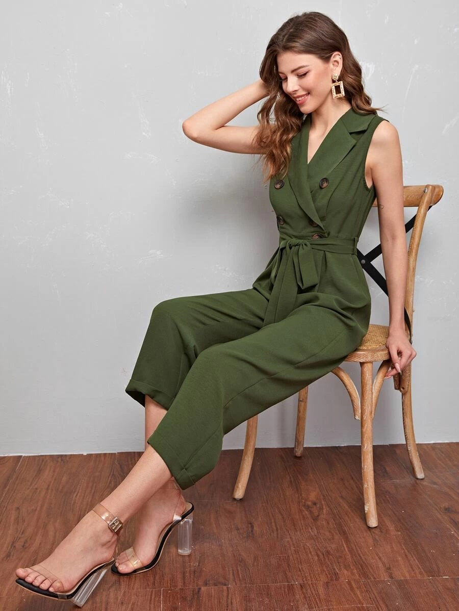 CM-JS421730 Women Casual Seoul Style Notch Collar Double Button Self Belted Shirt Jumpsuit - Army Green