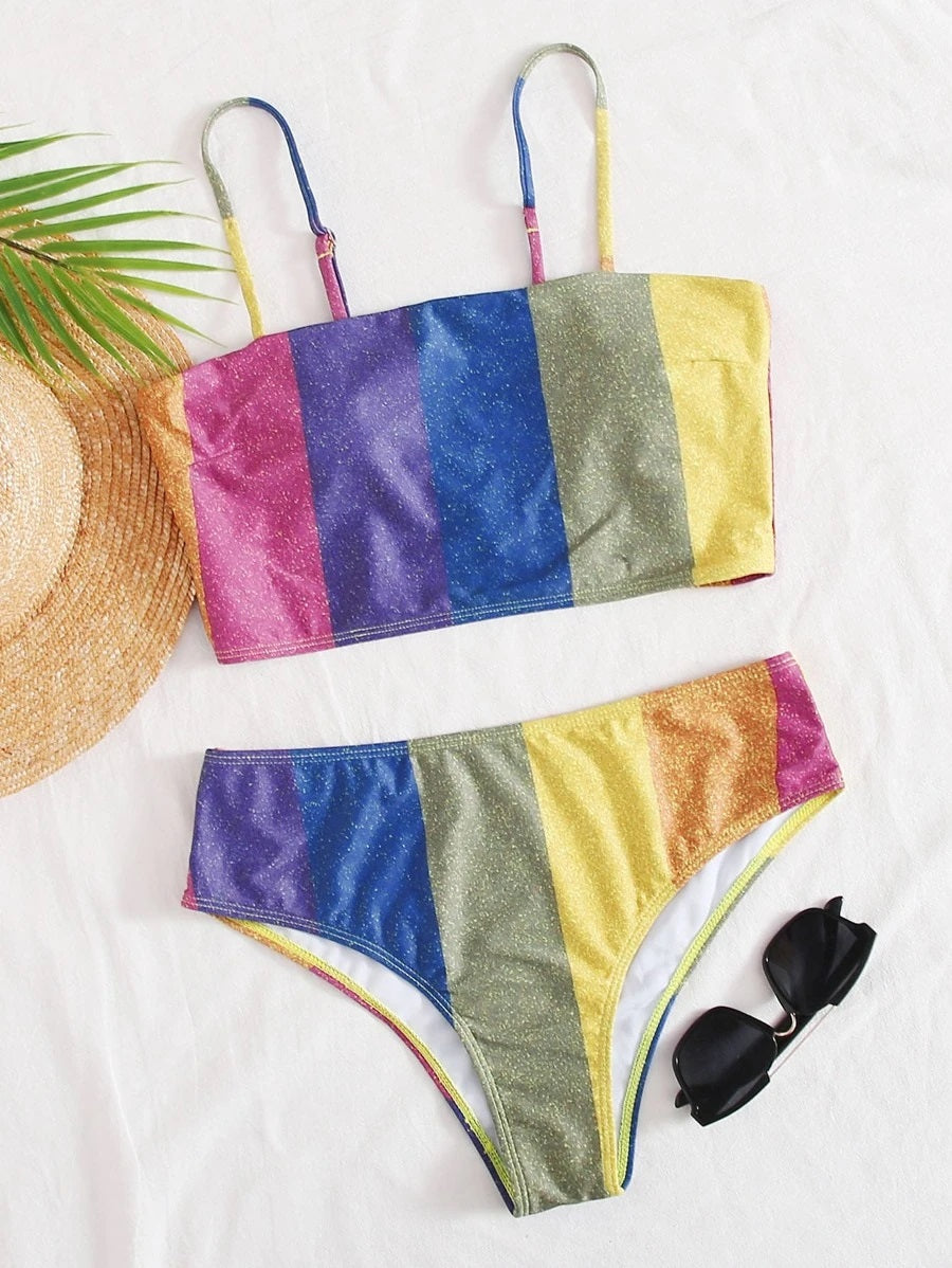 CM-SWS527499 Women Trendy Seoul Style Color Block High Waisted Bikini Swimsuit