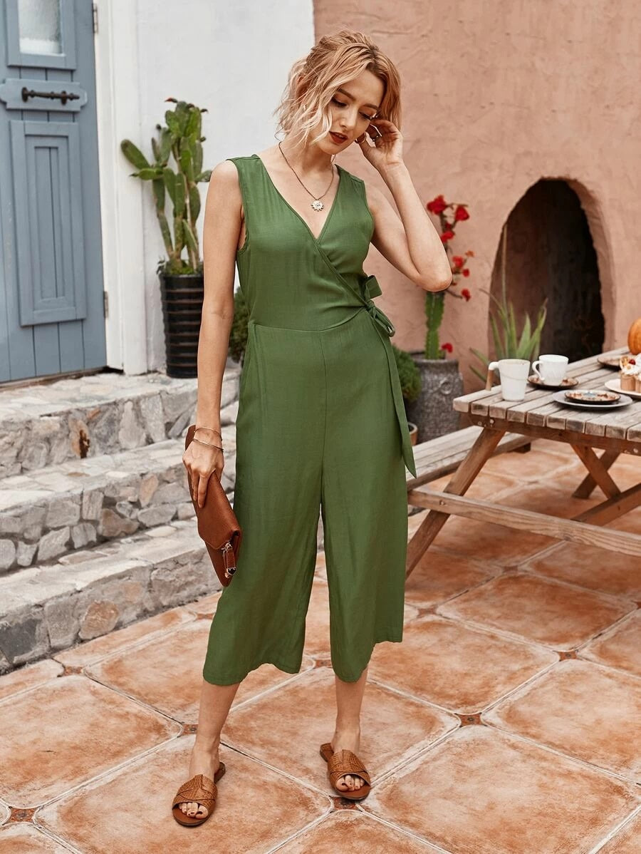 CM-JS327928 Women Casual Seoul Style V-Neck Surplice Neck Tie Side Culotte Jumpsuit - Army Green