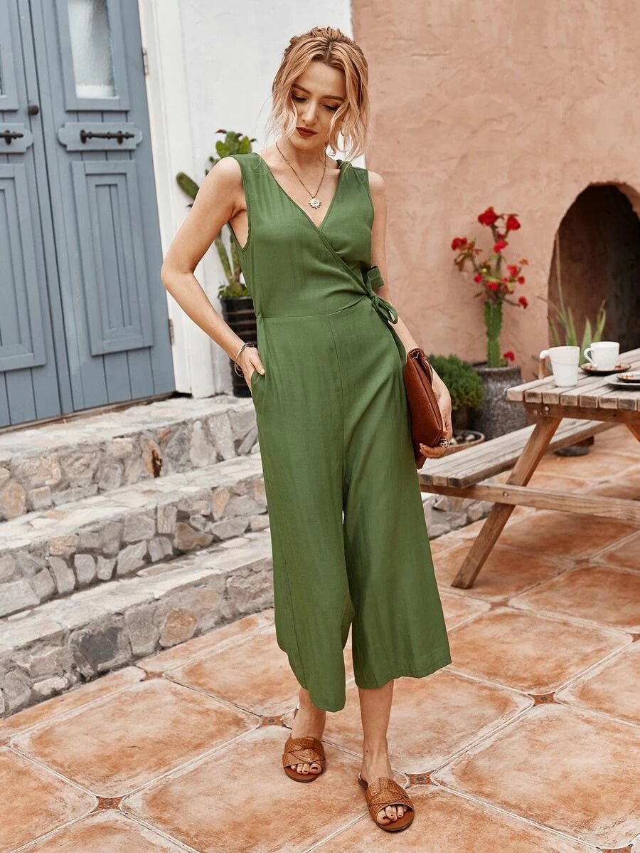 CM-JS327928 Women Casual Seoul Style V-Neck Surplice Neck Tie Side Culotte Jumpsuit - Army Green