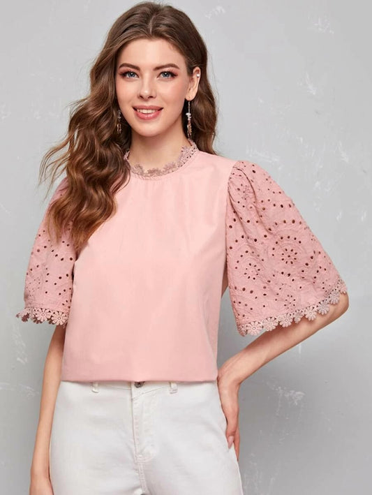 CM-TS325675 Women Casual Seoul Style Lace Trim Eyelet Embroidered Sleeve Top - Pink