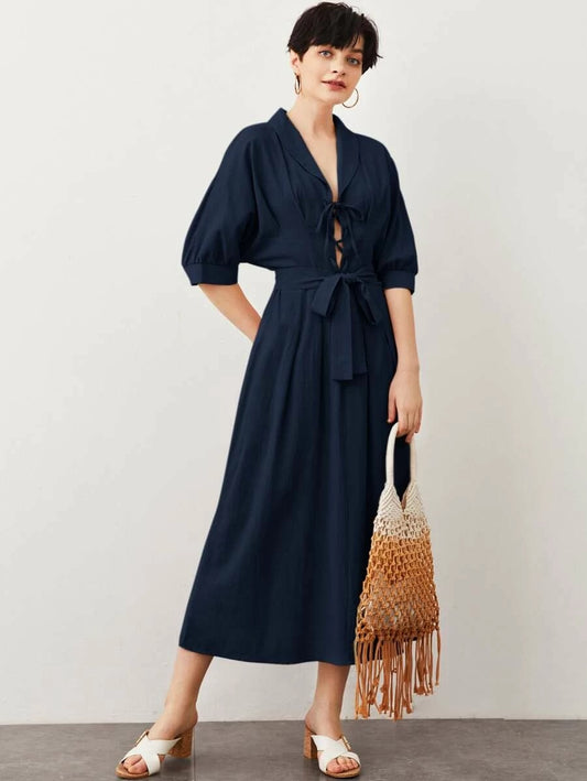 CM-DS520032 Women Casual Seoul Style Half Sleeve Shawl Collar Lace Up Front Belted Dress - Navy Blue