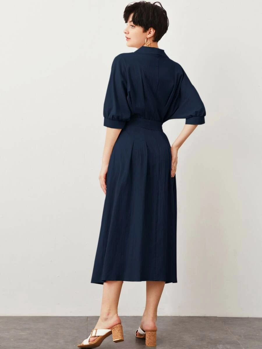 CM-DS520032 Women Casual Seoul Style Half Sleeve Shawl Collar Lace Up Front Belted Dress - Navy Blue
