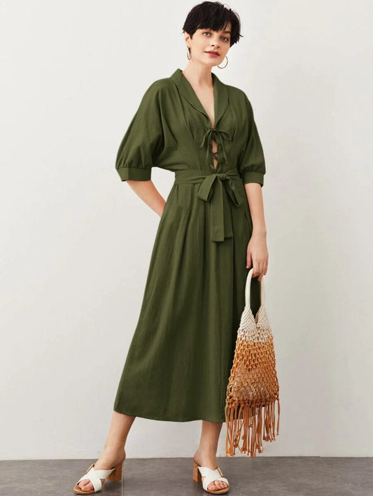 CM-DS520319 Women Casual Seoul Style Half Sleeve Shawl Collar Lace Up Front Belted Dress - Army Green