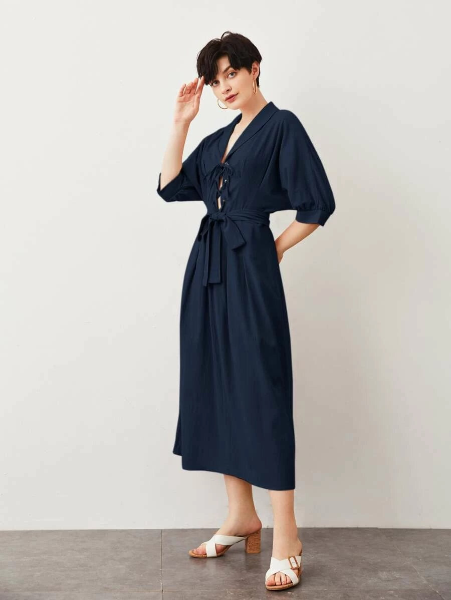 CM-DS520032 Women Casual Seoul Style Half Sleeve Shawl Collar Lace Up Front Belted Dress - Navy Blue