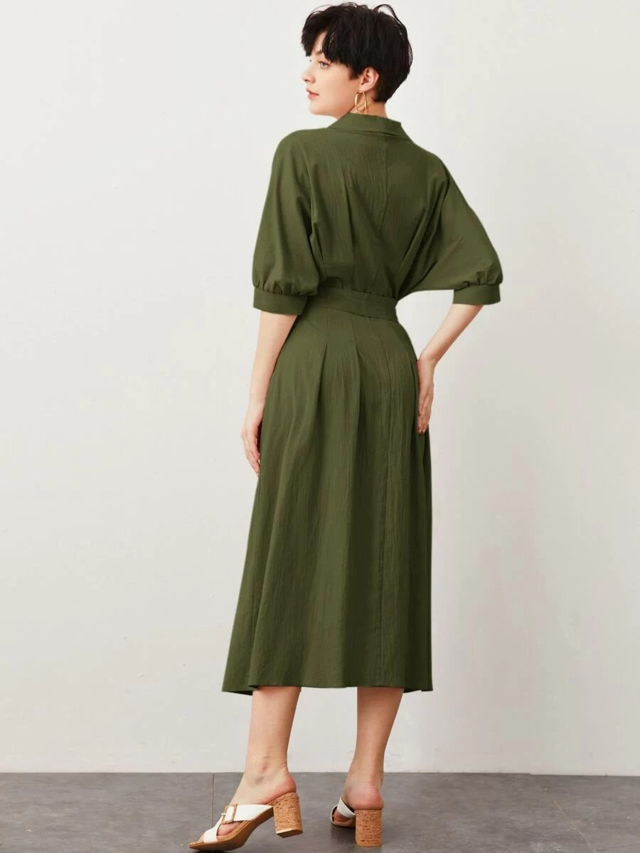 CM-DS520319 Women Casual Seoul Style Half Sleeve Shawl Collar Lace Up Front Belted Dress - Army Green
