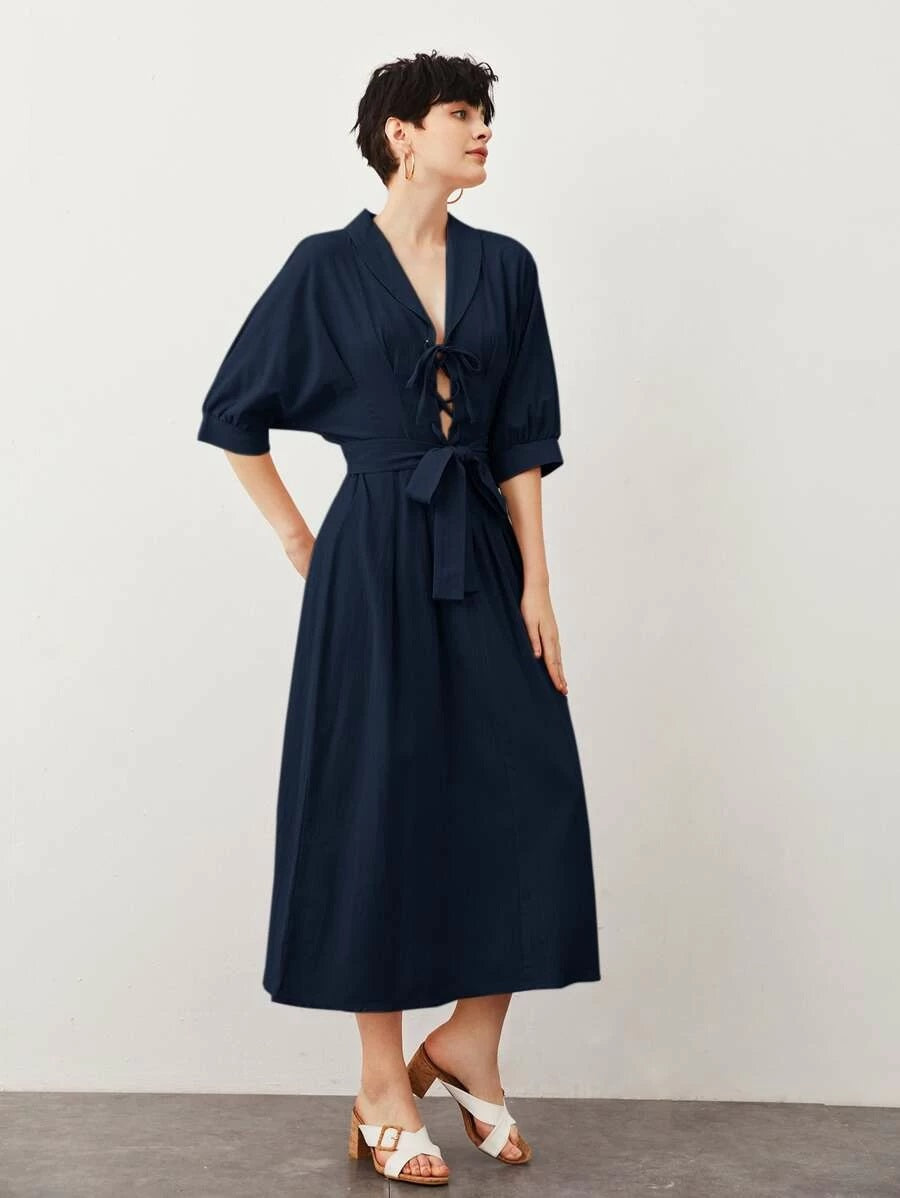 CM-DS520032 Women Casual Seoul Style Half Sleeve Shawl Collar Lace Up Front Belted Dress - Navy Blue