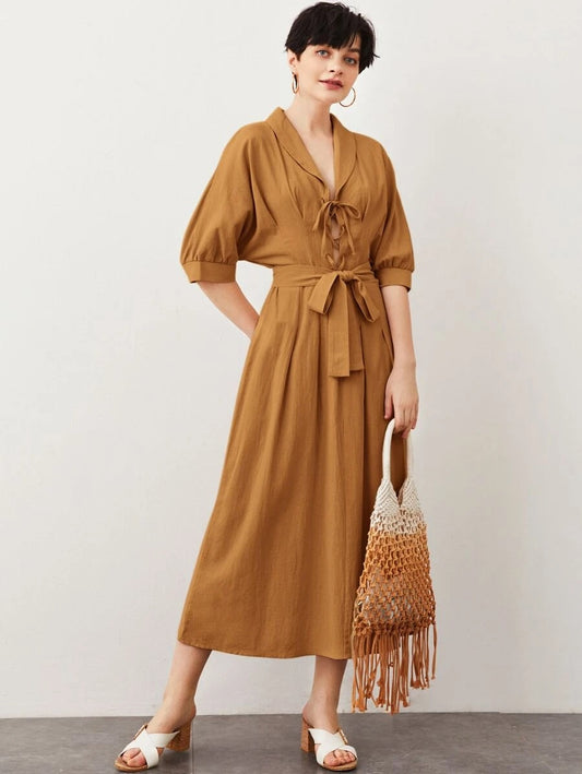 CM-DS520317 Women Casual Seoul Style Half Sleeve Shawl Collar Lace Up Front Belted Dress - Ginger