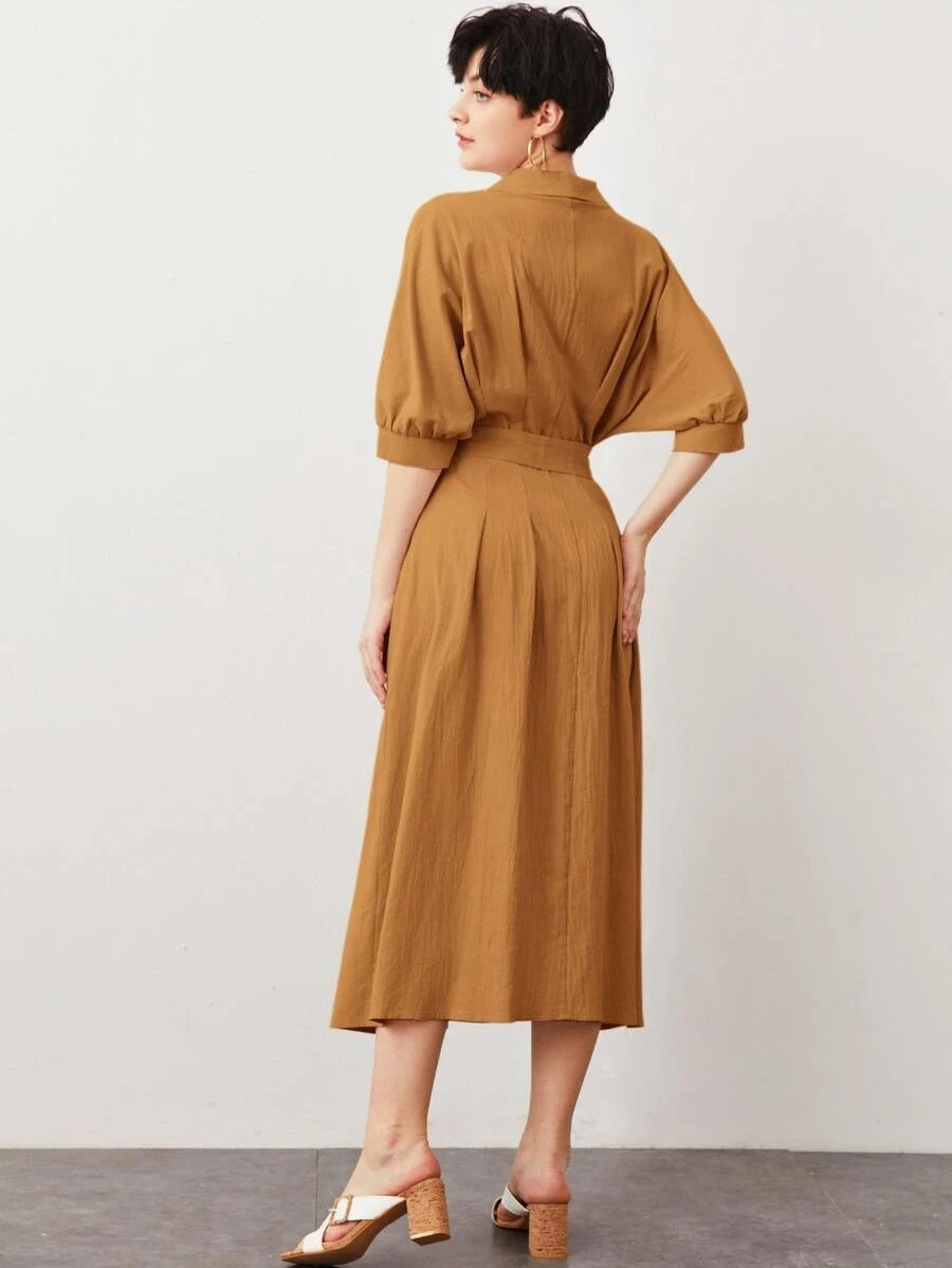 CM-DS520317 Women Casual Seoul Style Half Sleeve Shawl Collar Lace Up Front Belted Dress - Ginger