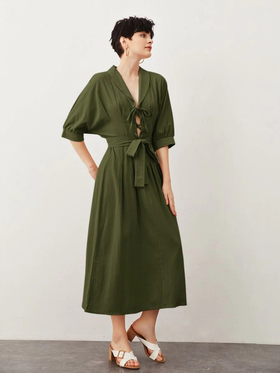 CM-DS520319 Women Casual Seoul Style Half Sleeve Shawl Collar Lace Up Front Belted Dress - Army Green