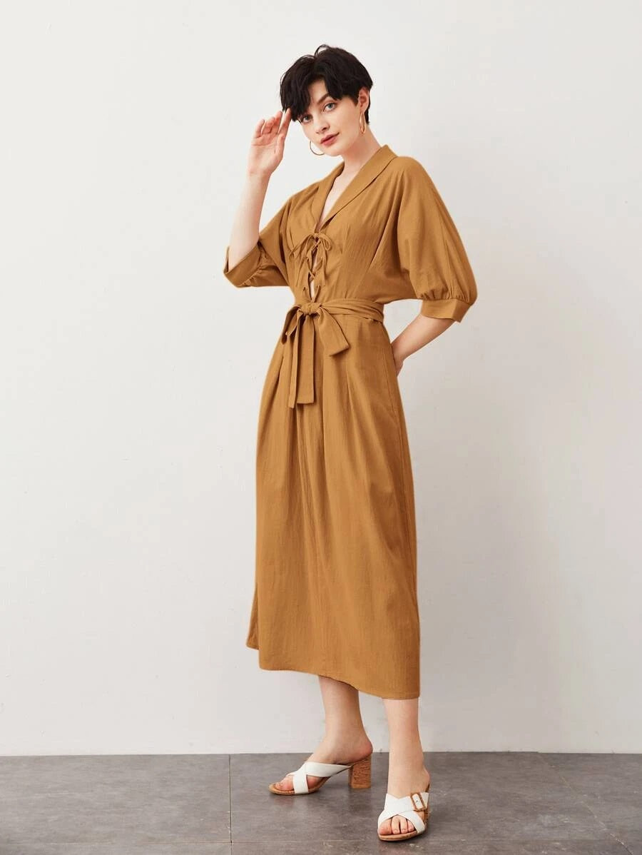 CM-DS520317 Women Casual Seoul Style Half Sleeve Shawl Collar Lace Up Front Belted Dress - Ginger